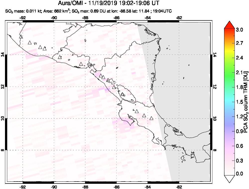 A sulfur dioxide image over Central America on Nov 19, 2019.