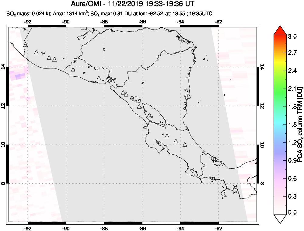 A sulfur dioxide image over Central America on Nov 22, 2019.