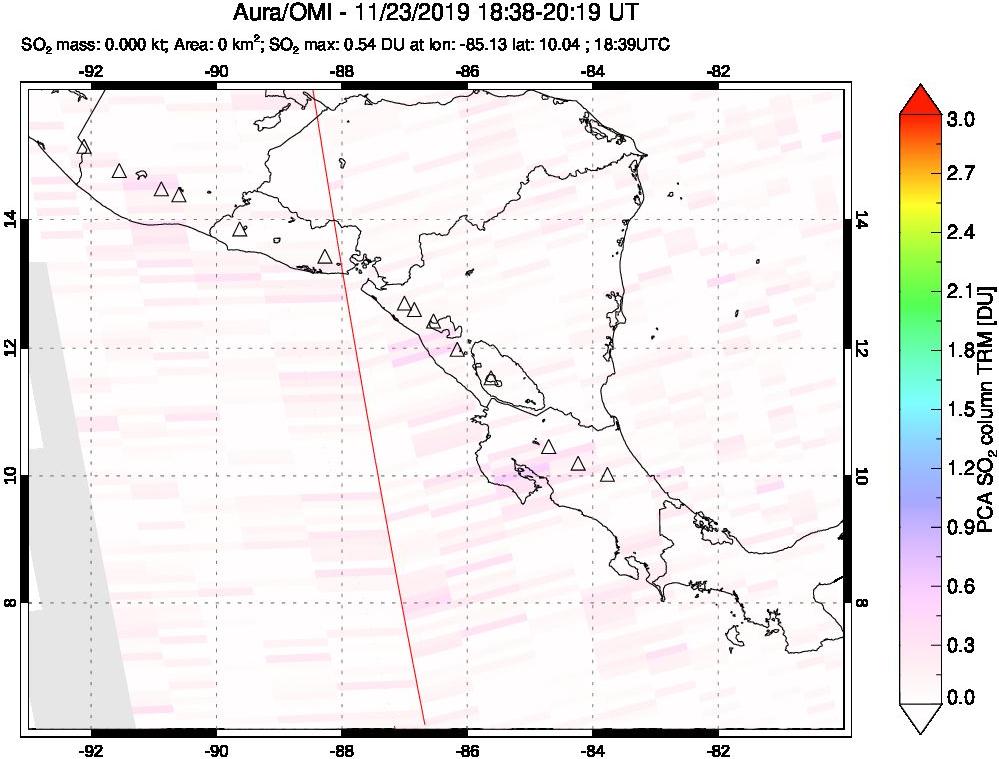 A sulfur dioxide image over Central America on Nov 23, 2019.