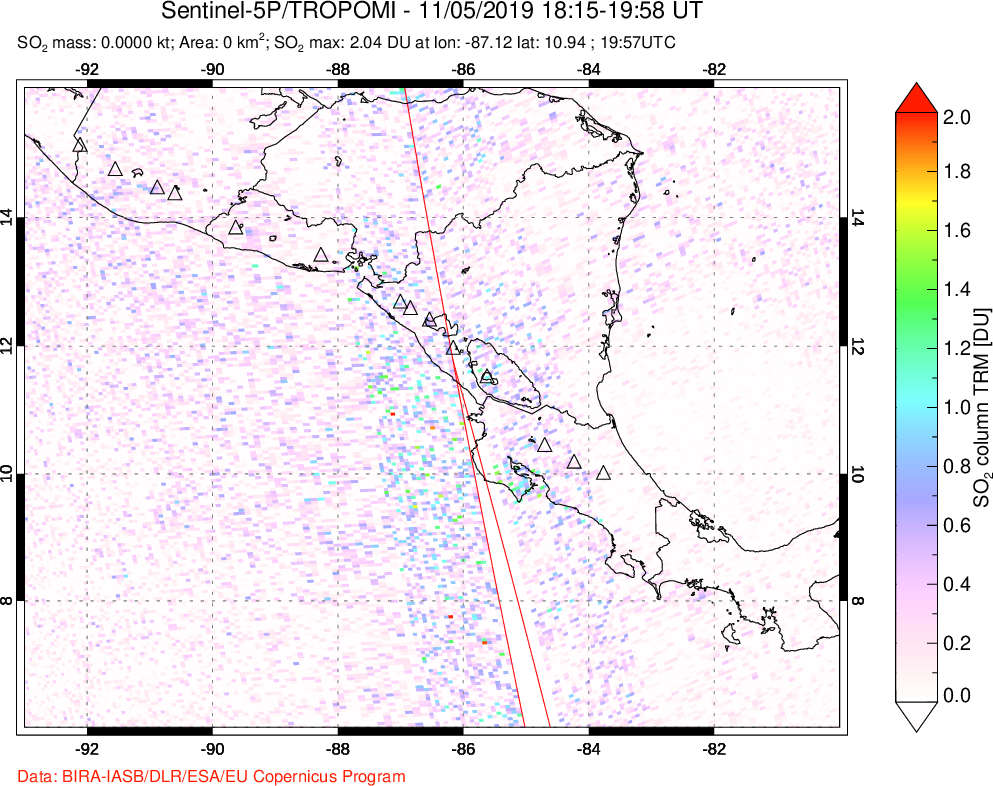 A sulfur dioxide image over Central America on Nov 05, 2019.