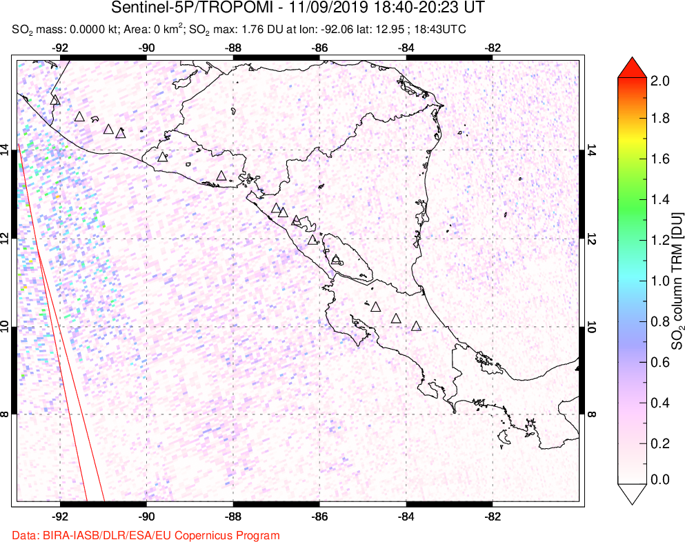 A sulfur dioxide image over Central America on Nov 09, 2019.