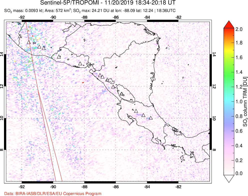 A sulfur dioxide image over Central America on Nov 20, 2019.