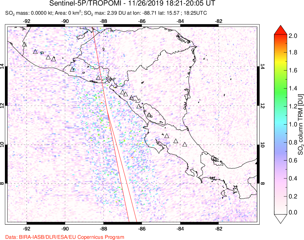 A sulfur dioxide image over Central America on Nov 26, 2019.