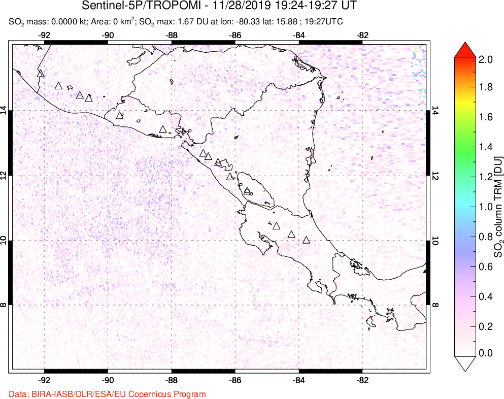 A sulfur dioxide image over Central America on Nov 28, 2019.
