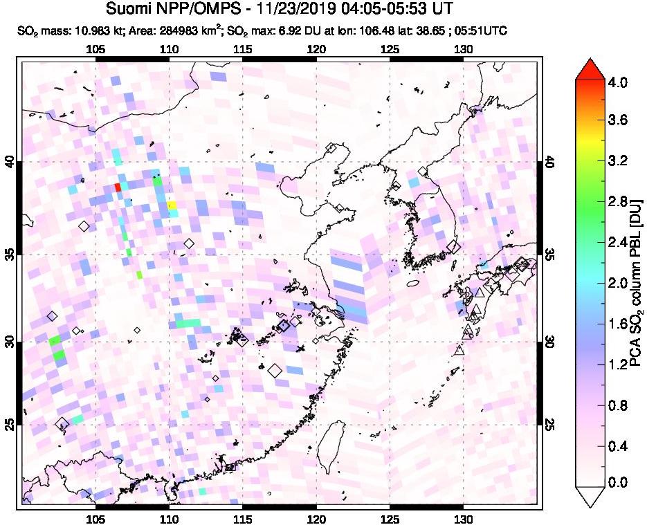 A sulfur dioxide image over Eastern China on Nov 23, 2019.