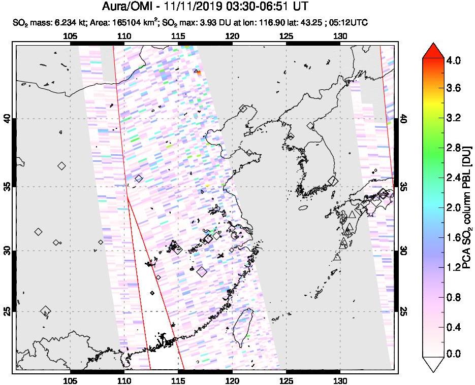 A sulfur dioxide image over Eastern China on Nov 11, 2019.