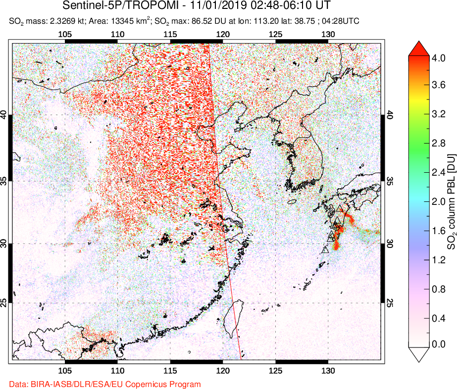 A sulfur dioxide image over Eastern China on Nov 01, 2019.