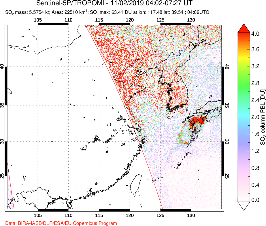 A sulfur dioxide image over Eastern China on Nov 02, 2019.