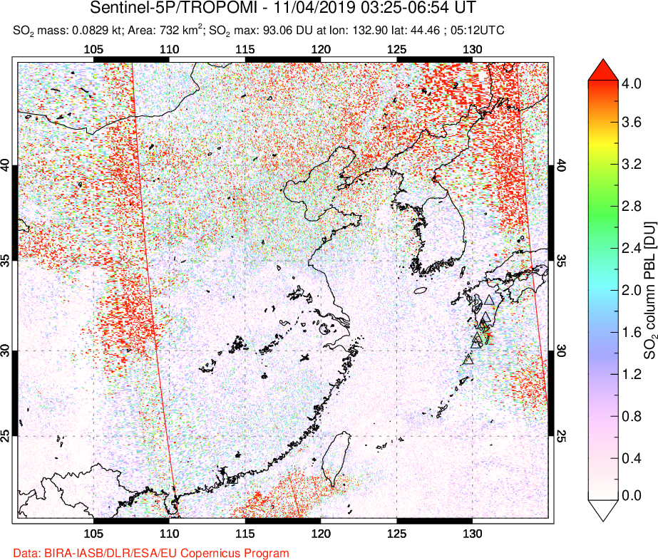 A sulfur dioxide image over Eastern China on Nov 04, 2019.