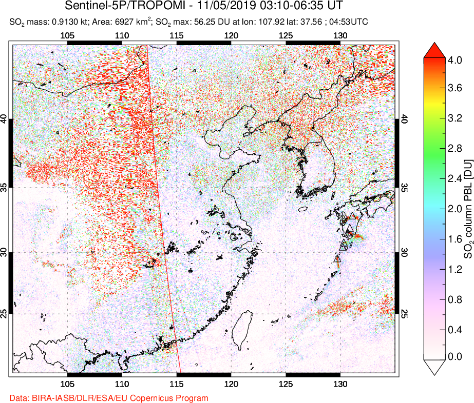 A sulfur dioxide image over Eastern China on Nov 05, 2019.
