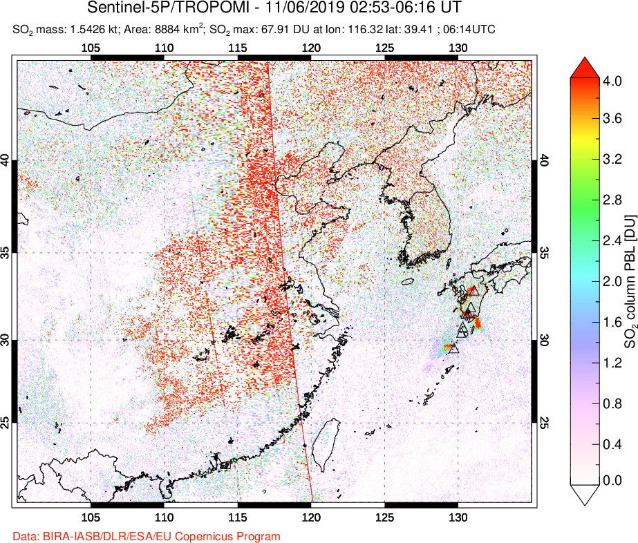 A sulfur dioxide image over Eastern China on Nov 06, 2019.