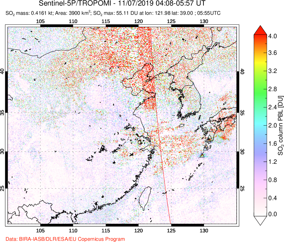 A sulfur dioxide image over Eastern China on Nov 07, 2019.