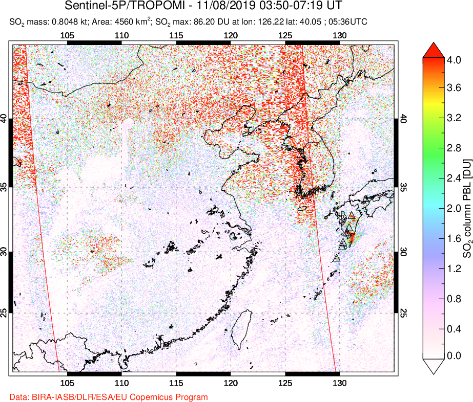 A sulfur dioxide image over Eastern China on Nov 08, 2019.
