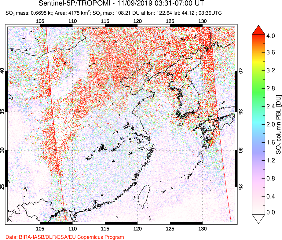A sulfur dioxide image over Eastern China on Nov 09, 2019.