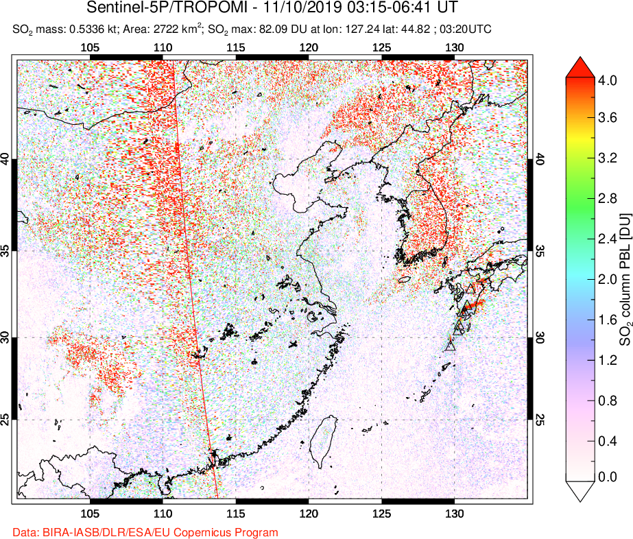 A sulfur dioxide image over Eastern China on Nov 10, 2019.