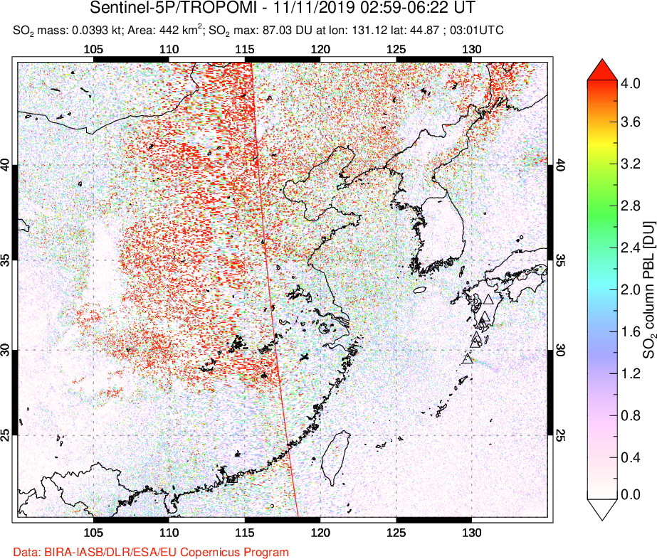 A sulfur dioxide image over Eastern China on Nov 11, 2019.