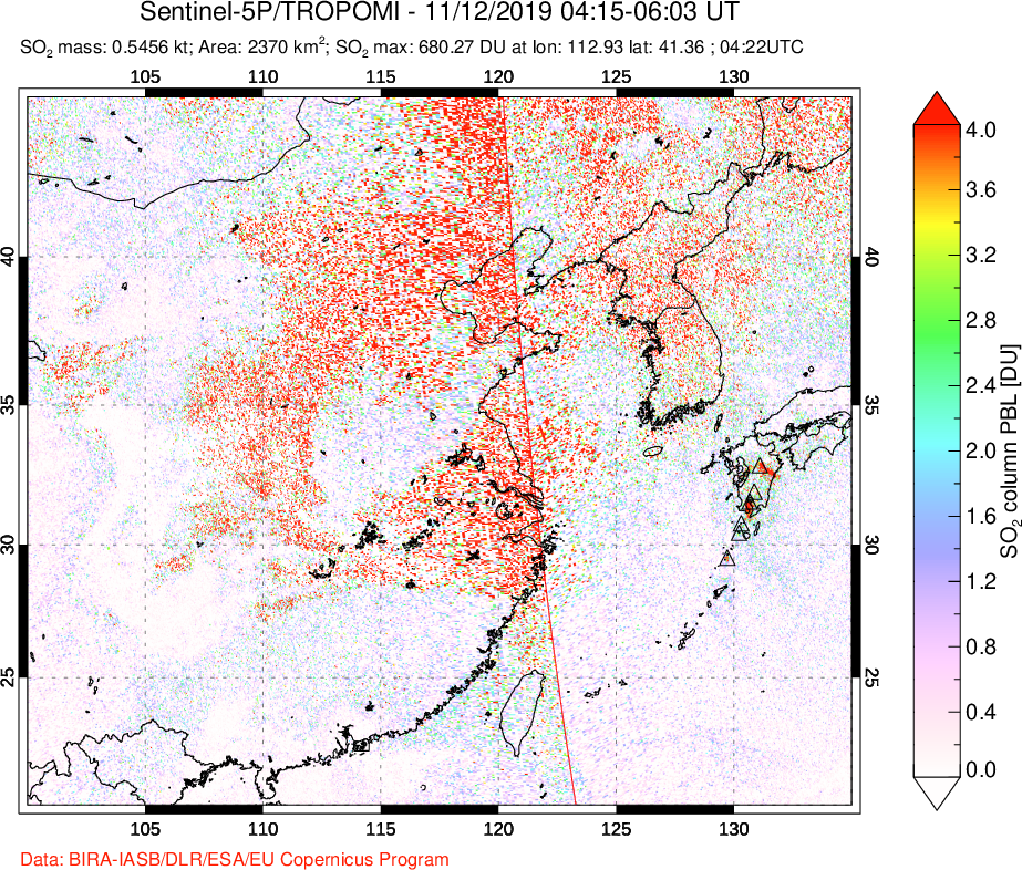A sulfur dioxide image over Eastern China on Nov 12, 2019.