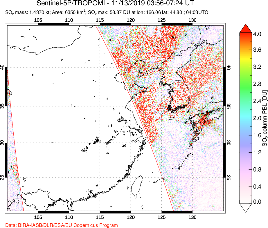 A sulfur dioxide image over Eastern China on Nov 13, 2019.