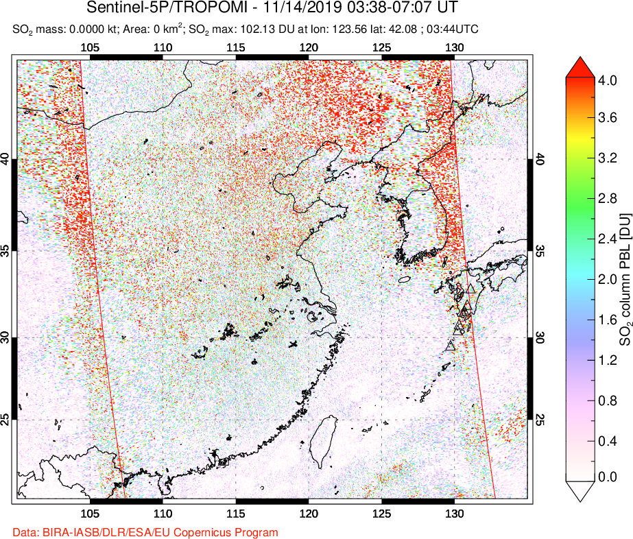 A sulfur dioxide image over Eastern China on Nov 14, 2019.