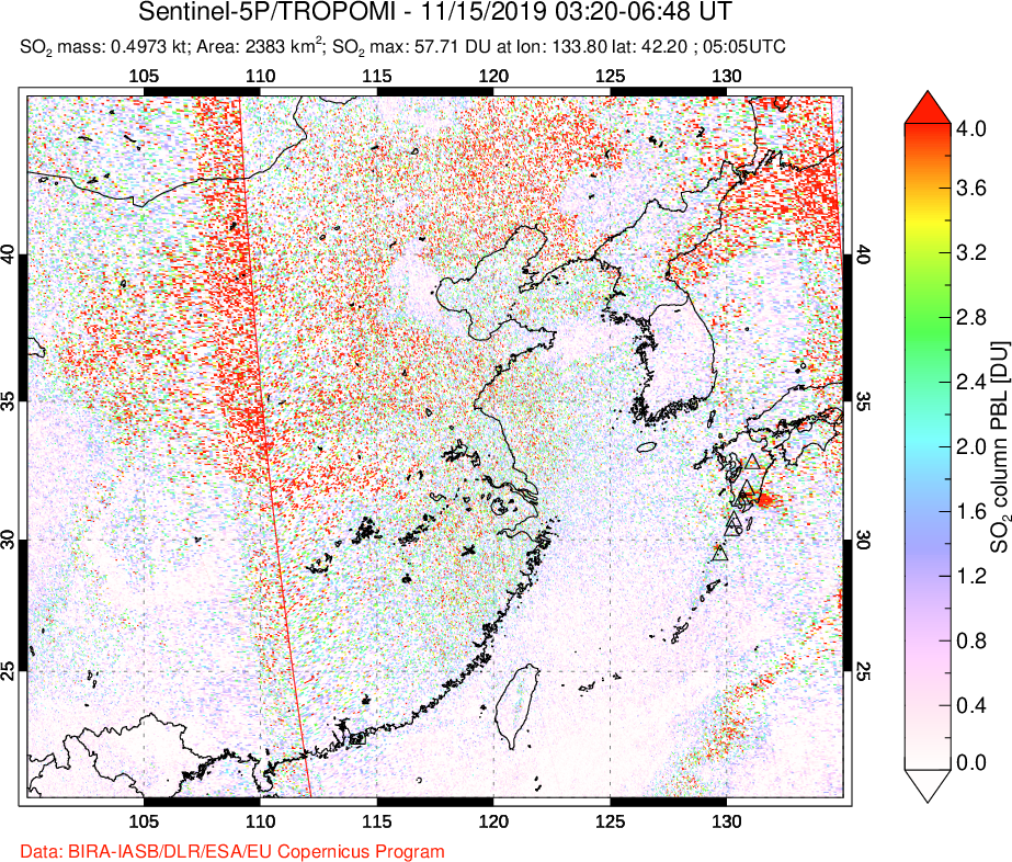 A sulfur dioxide image over Eastern China on Nov 15, 2019.