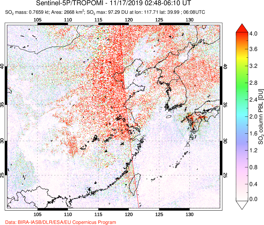 A sulfur dioxide image over Eastern China on Nov 17, 2019.