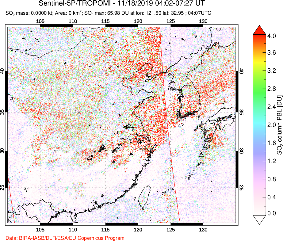 A sulfur dioxide image over Eastern China on Nov 18, 2019.
