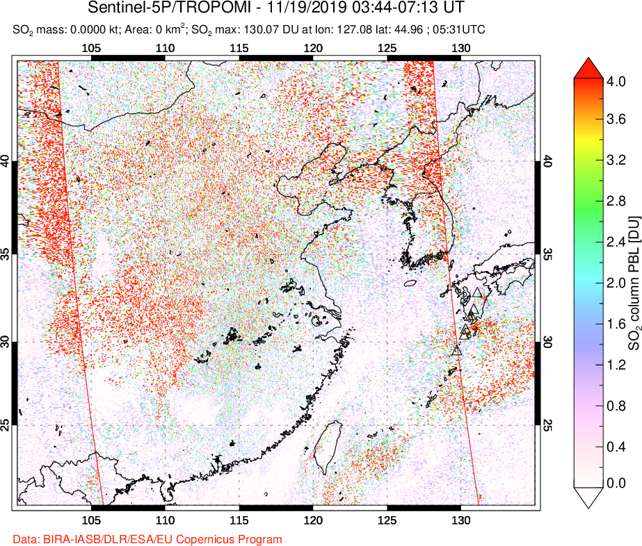 A sulfur dioxide image over Eastern China on Nov 19, 2019.