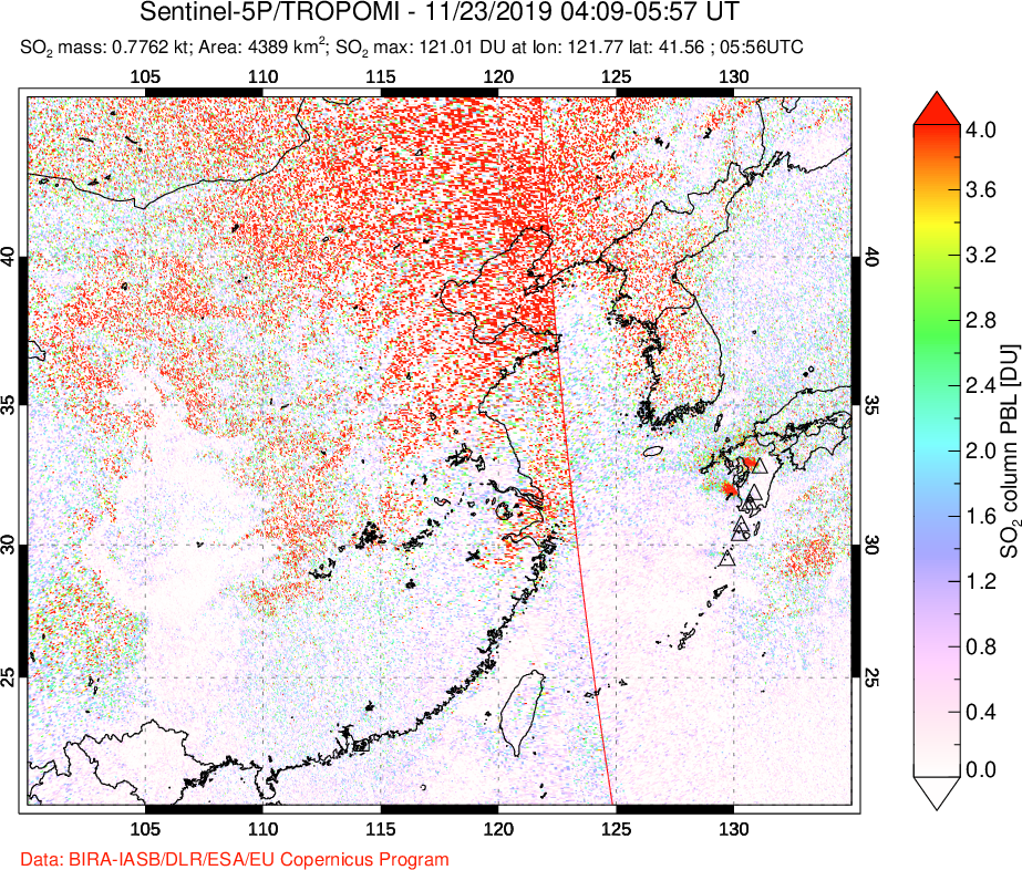 A sulfur dioxide image over Eastern China on Nov 23, 2019.