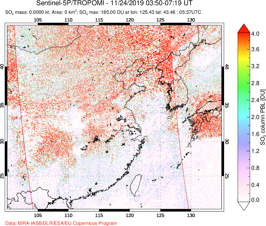 A sulfur dioxide image over Eastern China on Nov 24, 2019.