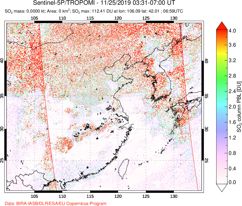 A sulfur dioxide image over Eastern China on Nov 25, 2019.