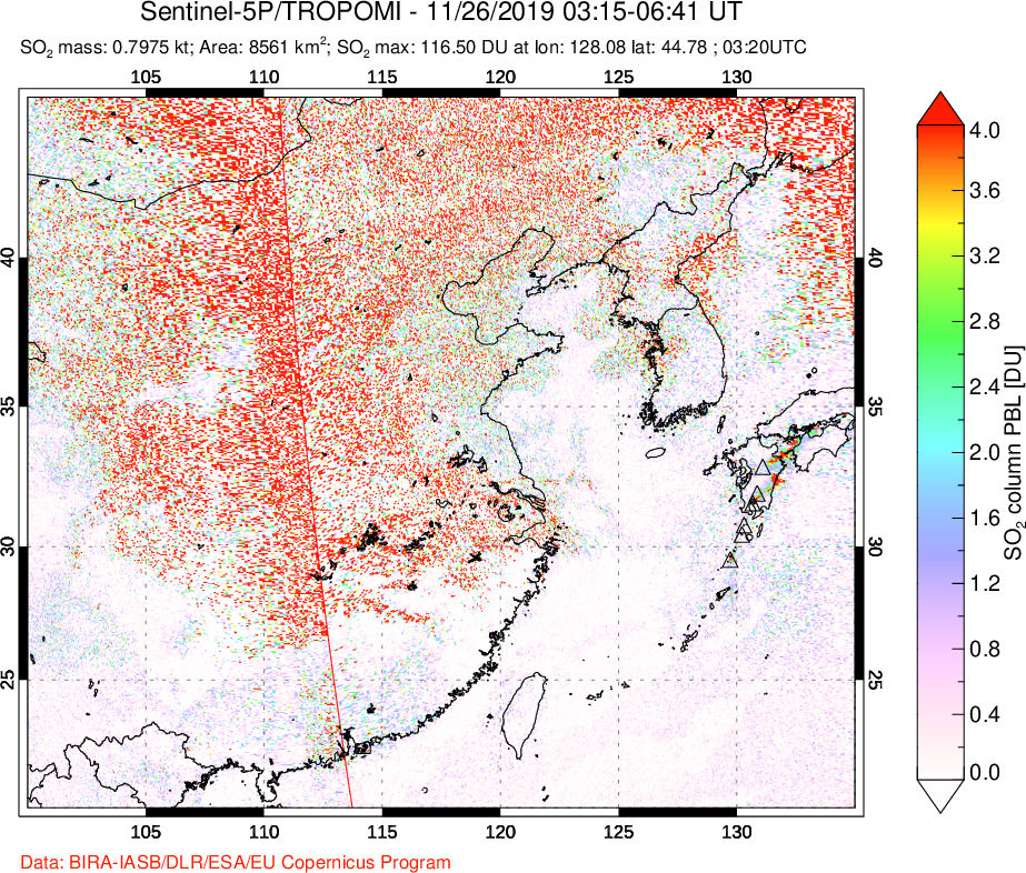 A sulfur dioxide image over Eastern China on Nov 26, 2019.