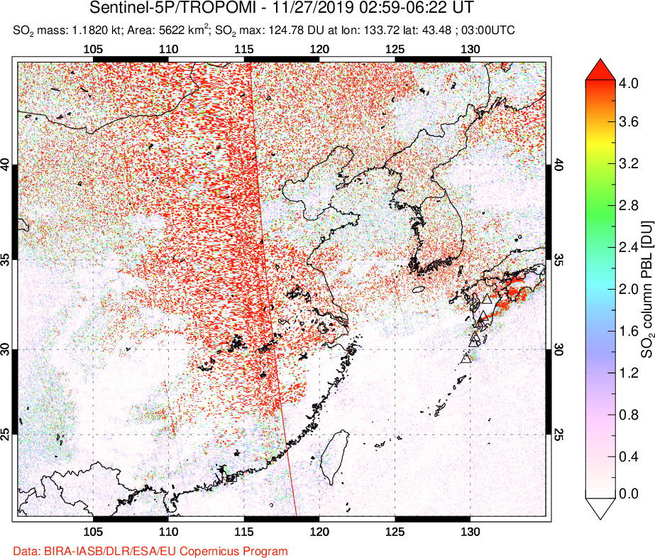 A sulfur dioxide image over Eastern China on Nov 27, 2019.