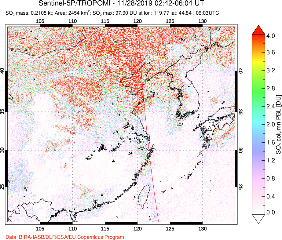 A sulfur dioxide image over Eastern China on Nov 28, 2019.