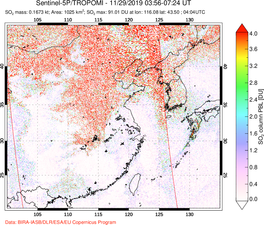A sulfur dioxide image over Eastern China on Nov 29, 2019.
