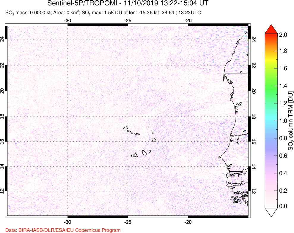 A sulfur dioxide image over Cape Verde Islands on Nov 10, 2019.