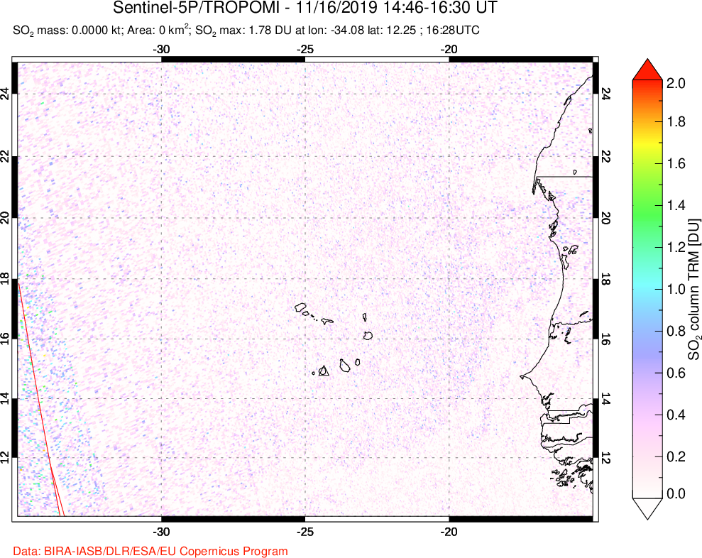 A sulfur dioxide image over Cape Verde Islands on Nov 16, 2019.