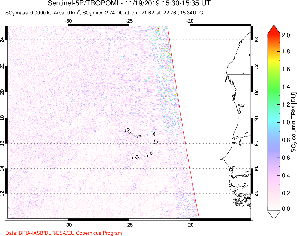 A sulfur dioxide image over Cape Verde Islands on Nov 19, 2019.