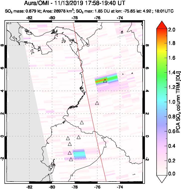 A sulfur dioxide image over Ecuador on Nov 13, 2019.