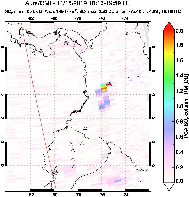A sulfur dioxide image over Ecuador on Nov 18, 2019.