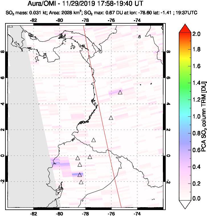 A sulfur dioxide image over Ecuador on Nov 29, 2019.