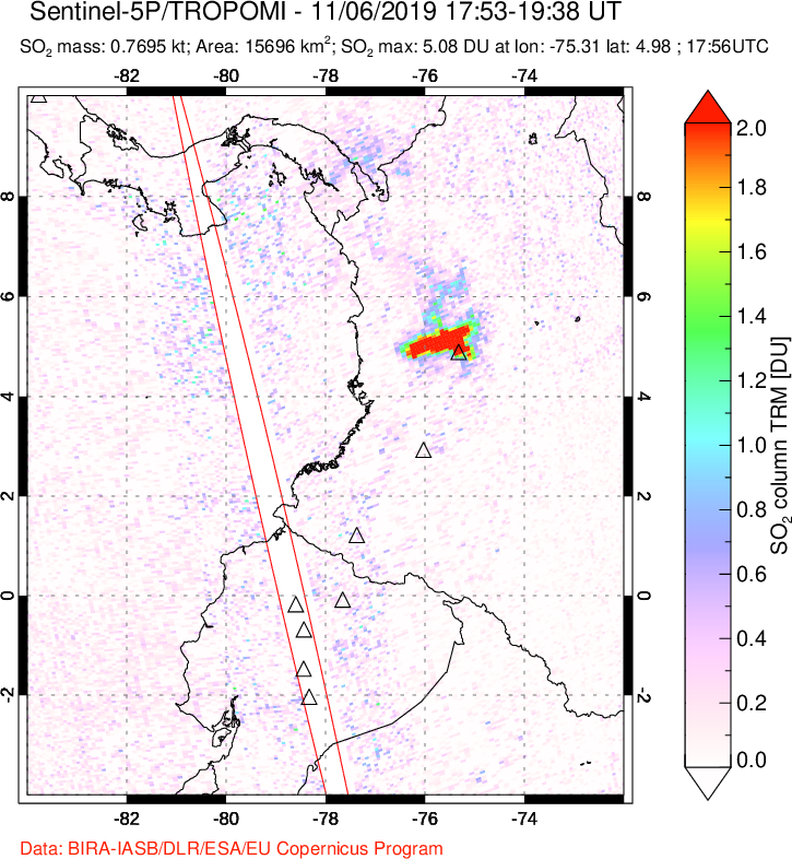 A sulfur dioxide image over Ecuador on Nov 06, 2019.