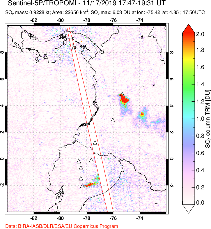 A sulfur dioxide image over Ecuador on Nov 17, 2019.