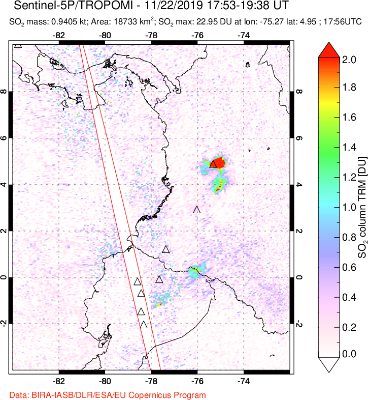 A sulfur dioxide image over Ecuador on Nov 22, 2019.