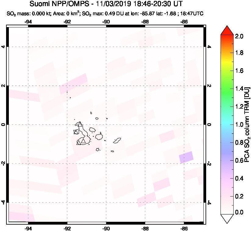 A sulfur dioxide image over Galápagos Islands on Nov 03, 2019.