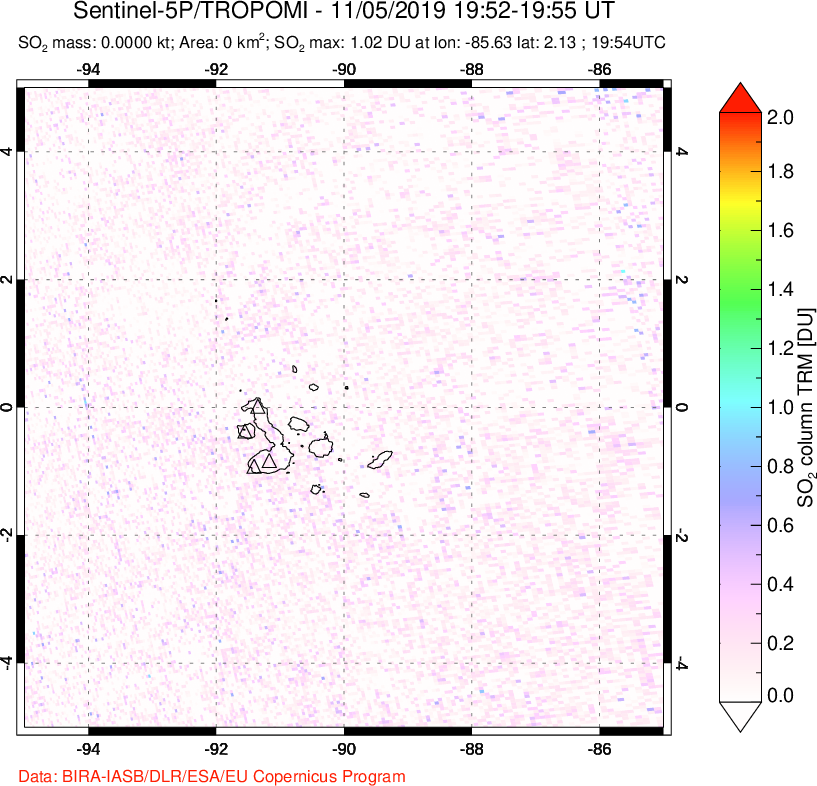 A sulfur dioxide image over Galápagos Islands on Nov 05, 2019.