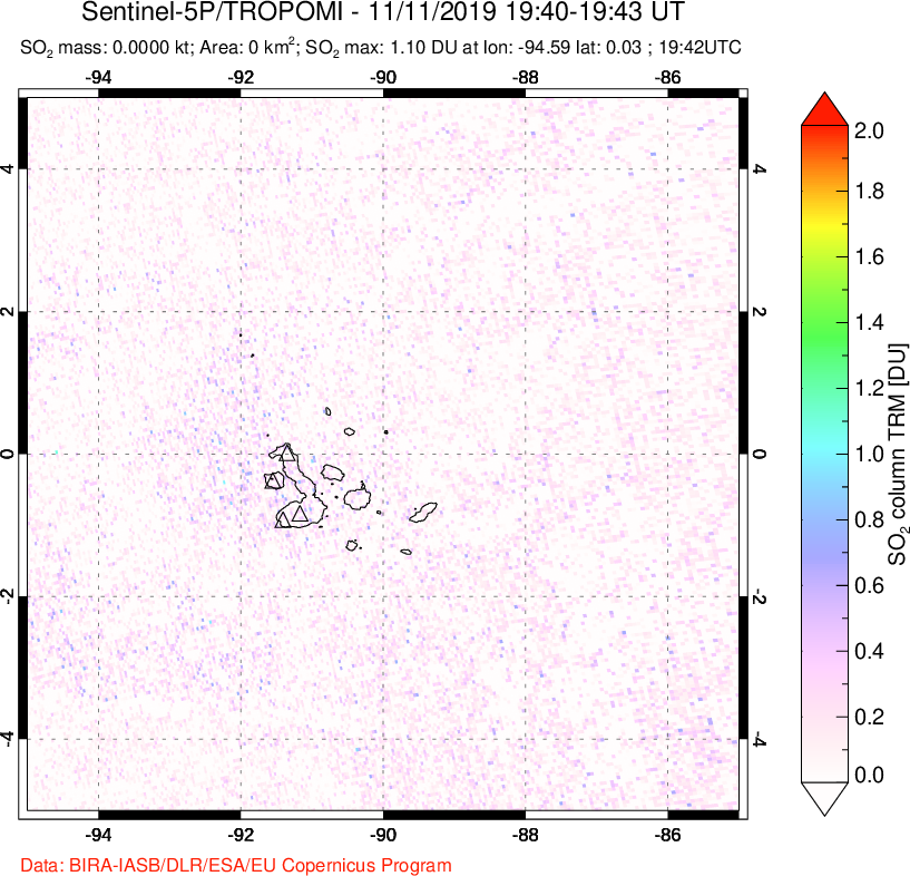 A sulfur dioxide image over Galápagos Islands on Nov 11, 2019.