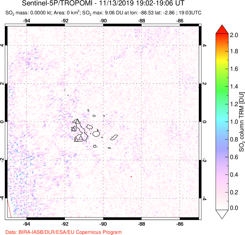 A sulfur dioxide image over Galápagos Islands on Nov 13, 2019.