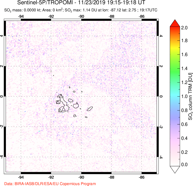 A sulfur dioxide image over Galápagos Islands on Nov 23, 2019.