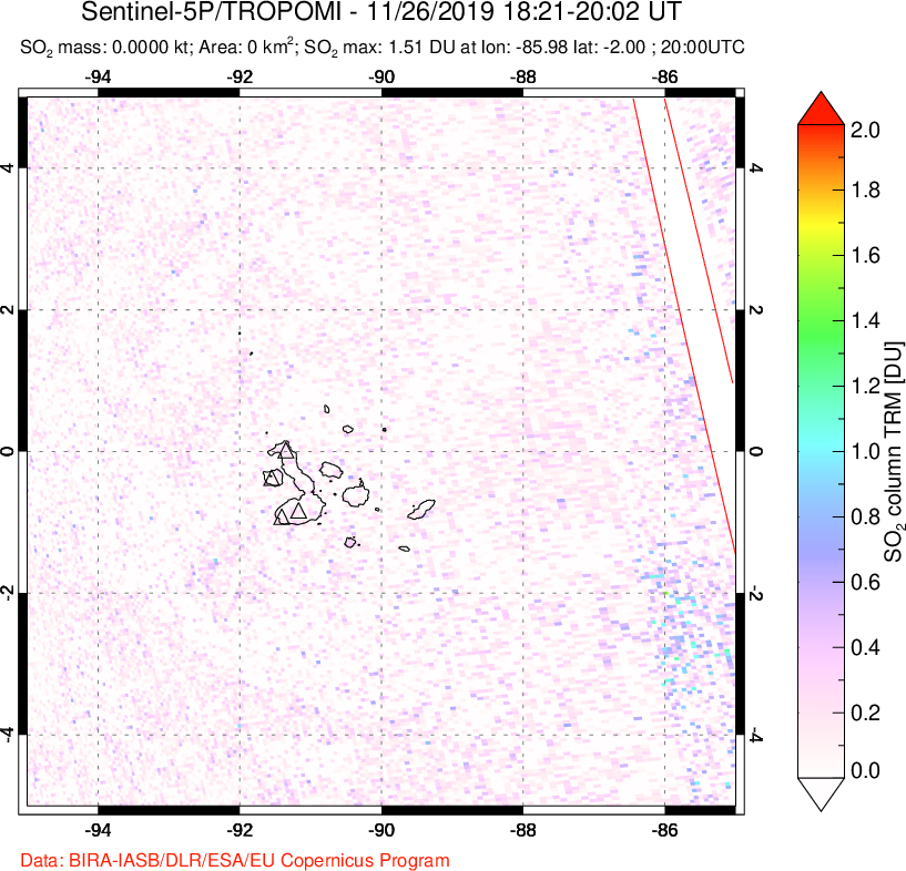 A sulfur dioxide image over Galápagos Islands on Nov 26, 2019.