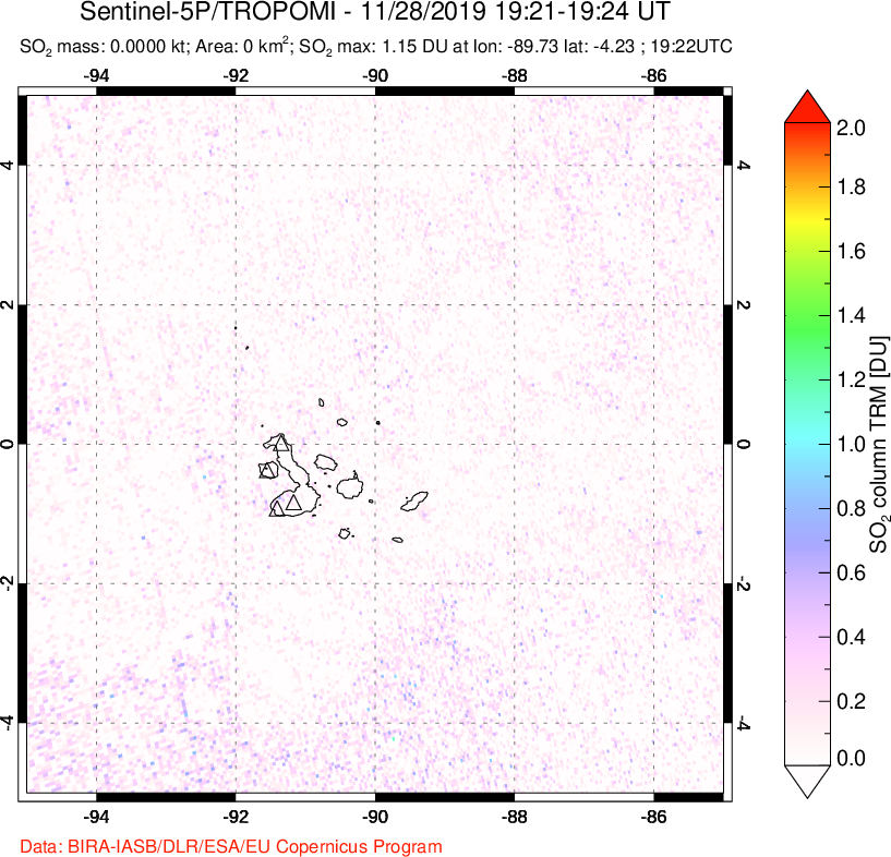 A sulfur dioxide image over Galápagos Islands on Nov 28, 2019.